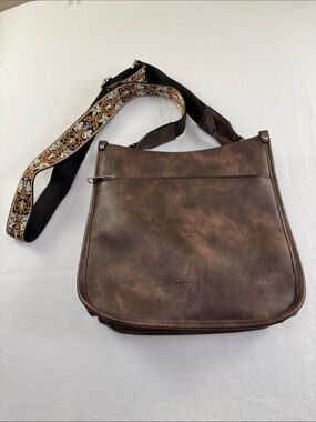 TEENY Brown Leather Messenger Bag with Patterned Adjustable Strap